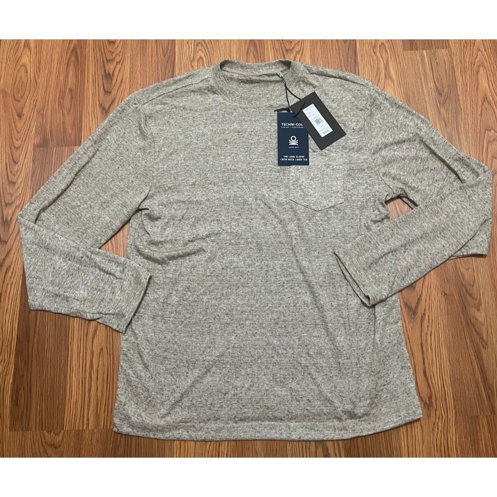 Kenneth Cole Techni-Co Long Sleeve Crew Neck Linen Tee Shirt Large Taupe Heather
